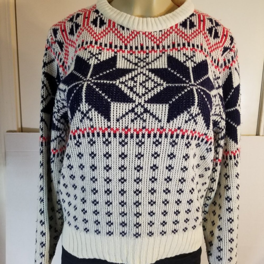 Sweater Emporium Vintage Snowflake Sweater. Blue, White & Red, Size Medium